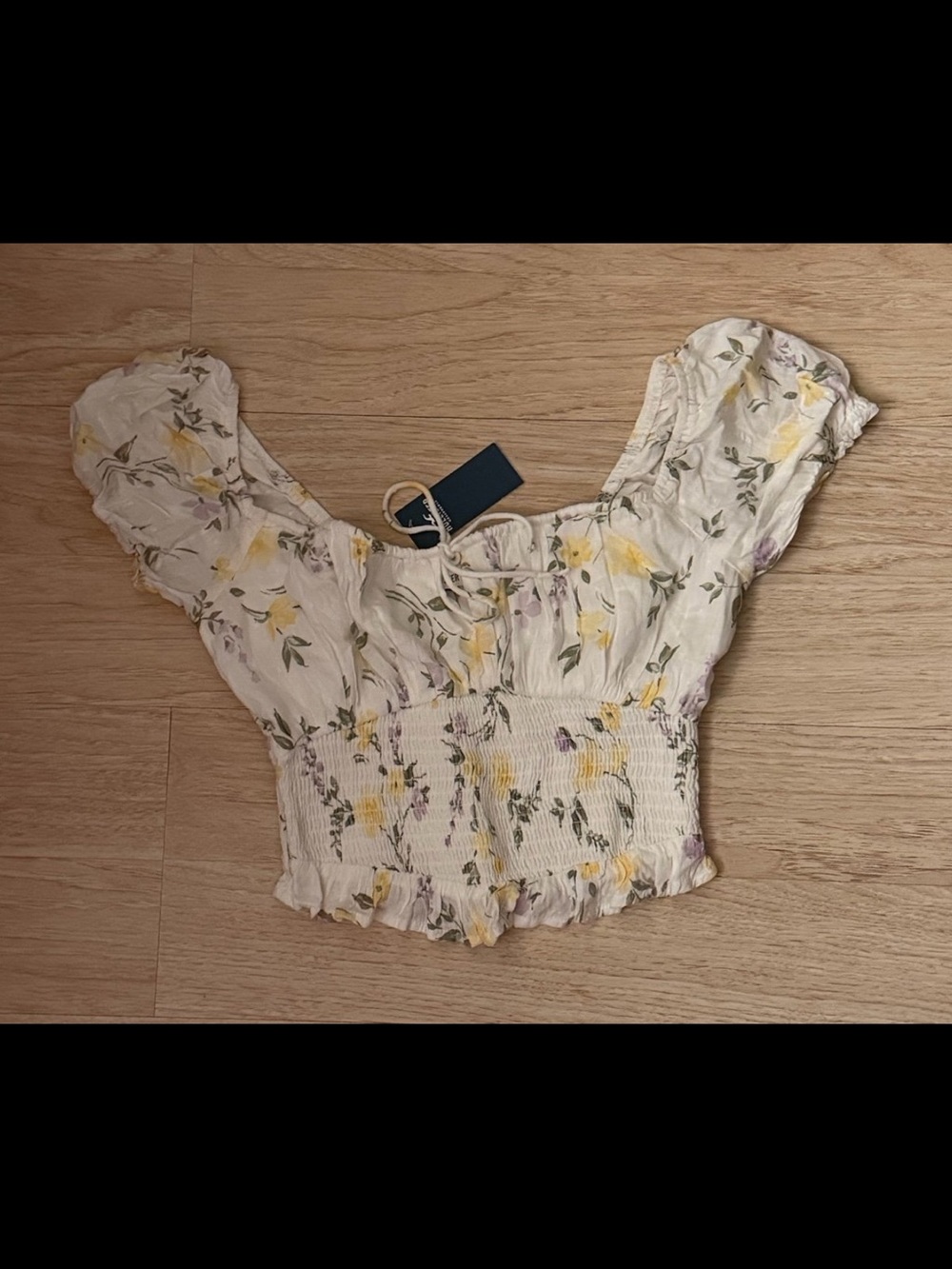 Hollister Cream Floral Smocked Crop Top with Yellow Accents